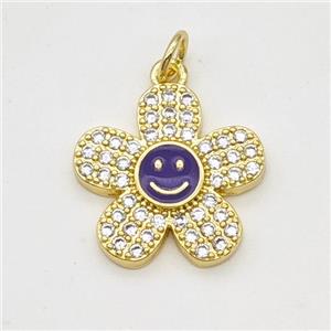 Copper Sunflower Pendant Pave Zirconia Purple Enamel Smileface Gold Plated, approx 17mm