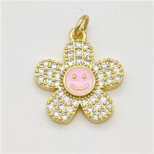 Copper Sunflower Pendant Pave Zirconia Pink Enamel Smileface Gold Plated, approx 17mm