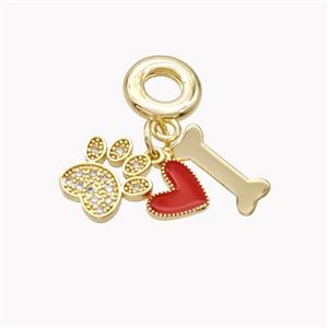 Copper Paws Heart Dogbone Pendant Pave Zirconia Red Enamel Gold Plated, approx 11mm, 8mm, 6-14mm