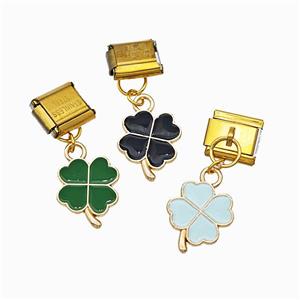 Stainless Steel Element For Module Bracelet With Copper Clover Pendant Painted Gold Plated Mixed, approx 12-14mm, 9-10mm