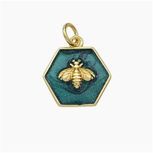 Copper Honeybee Pendant Green Painted Hexagon Gold Plated, approx 14mm