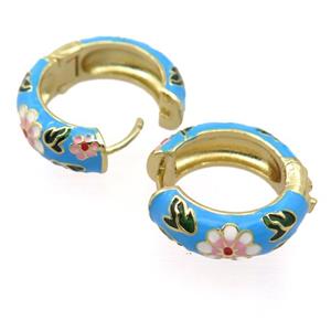 copper Hoop Earrings with blue enameled, gold plated, approx 25mm dia