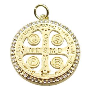 copper circle pendant paved zircon, gold plated, approx 22mm dia