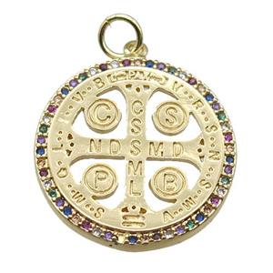 copper circle pendant paved zircon, gold plated, approx 22mm dia