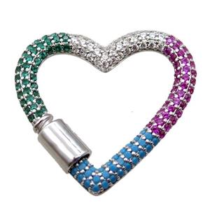 copper heart carabiner lock pendant paved zircon, screw, platinum plated, approx 31-34mm