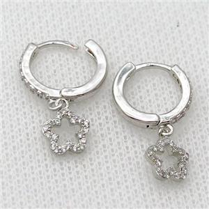 copper Hoop Earrings pave zircon with flower, platinum plated, approx 8mm, 14mm dia