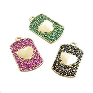 copper rectangle pendant pave zircon, heart, mixed, gold plated, approx 12-16mm