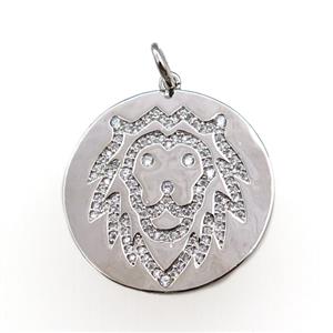 copper circle pendant pave zircon, zodiac Leo, platinum plated, approx 28mm dia