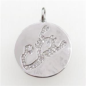 copper circle pendant pave zircon, zodiac Scorpio, platinum plated, approx 28mm dia