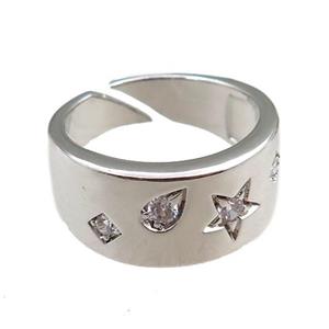 copper Rings paved zircon, adjustable, platinum plated, approx 9mm, 20mm dia