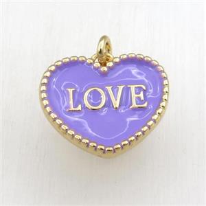 copper heart LOVE pendant with lavender enameling, gold plated, approx 17-20mm