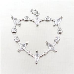 copper heart pendant pave zircon, platinum plated, approx 28mm