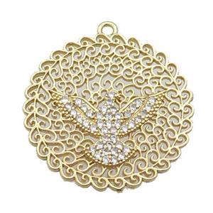 copper circle pendant pave zircon with hawk, gold plated, approx 30mm dia