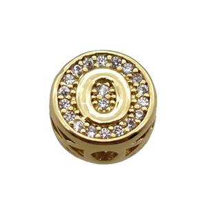 copper beads pave zircon, letter, gold plated, approx 10mm