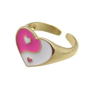 Copper Rings with enameled heart, adjustable, gold plated, approx 13mm, 18mm dia