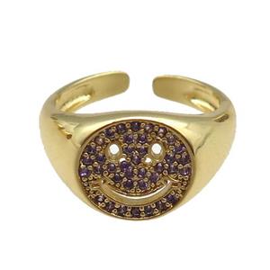 copper rings paved purple zircon with smileface emoji, adjustable, gold plated, approx 11mm, 18mm dia