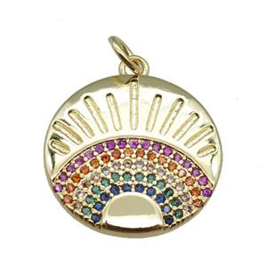 copper circle pendant pave zircon, peacock, gold plated, approx 17.5mm