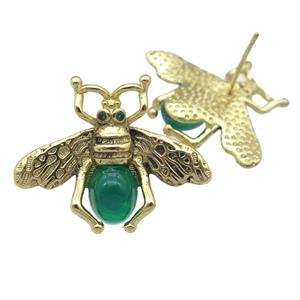 copper honeybee Stud Earring with green cats eye stone, antique gold, approx 21-26mm
