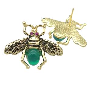 copper honeybee Stud Earring with green cats eye stone, antique gold, approx 21-26mm