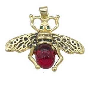 copper honeybee Pendant with red cats eye stone, antique gold, approx 26-32mm