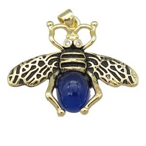 copper honeybee Pendant with blue cats eye stone, antique gold, approx 26-32mm