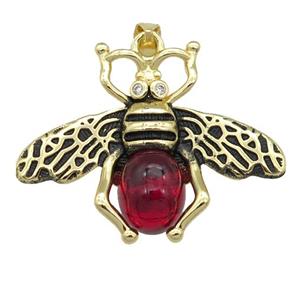copper honeybee Pendant with red cats eye stone, antique gold, approx 26-32mm