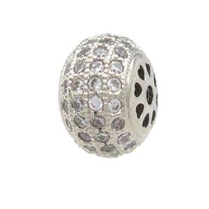 copper rondelle beads pave zircon, platinum plated, approx 12mm