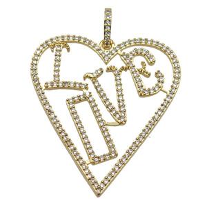 copper Heart pendant paved zircon, LOVE, gold plated, approx 30-40mm