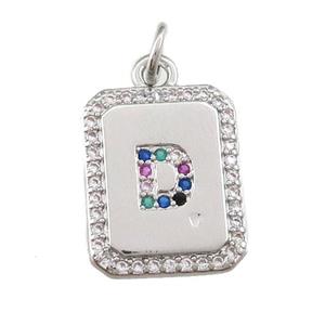 copper Letter-D pendant paved zircon, rectangle, platinum plated, approx 12-15mm