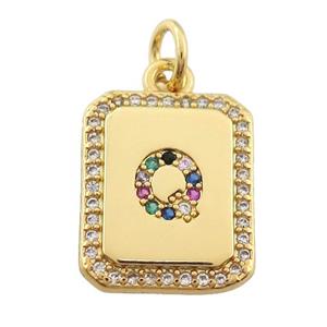 copper Letter-Q pendant paved zircon, rectangle, gold plated, approx 12-15mm