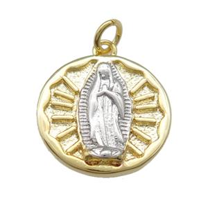 copper Virgin Mary charm pendant, gold plated, approx 16mm dia