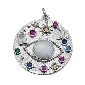 Copper Eye Pendant Pave Zirconia Sun Moon Platinum Plated, approx 24mm dia