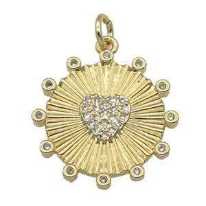 copper circle Heart pendant paved zircon, gold plated, approx 20mm dia