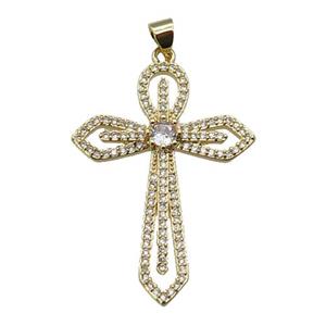 copper Cross pendant paved zircon, gold plated, approx 28-38mm