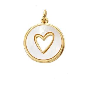 copper circle pendant pave shell, heart, gold plated, approx 15mm dia