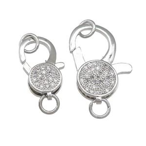 copper Lobster Clasp paved zircon, platinum plated, approx 9-18mm