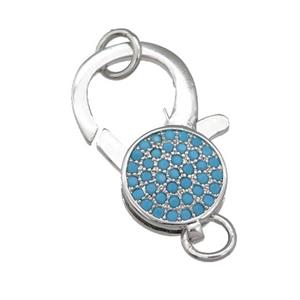 copper Lobster Clasp paved turq zircon, platinum plated, approx 9-18mm