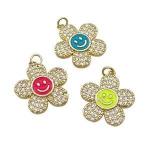 copper sunflower pendant pave zircon with enamel happyface, gold plated, mixed, approx 21mm