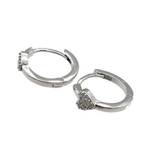 copper Hoop Earring pave zircon, heart, platinum plated, approx 5mm, 14mm dia