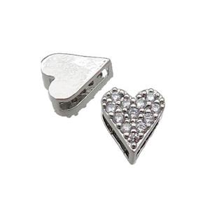 copper Heart beads pave zircon, platinum plated, approx 7-8mm, 2x6mm hole