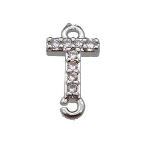 copper letter-T connector pave zircon, platinum plated, approx 8mm