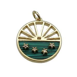 copper circle pendant pave zircon malachite sun gold plated, approx 18mm dia