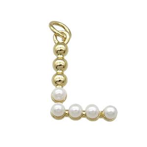 Copper Letter-L Pendant Pave Pearlized Glass Gold Plated, approx 15mm