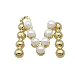 Copper Letter-M Pendant Pave Pearlized Glass Gold Plated, approx 15mm