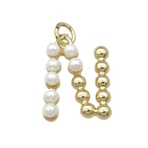 Copper Letter-N Pendant Pave Pearlized Glass Gold Plated, approx 15mm