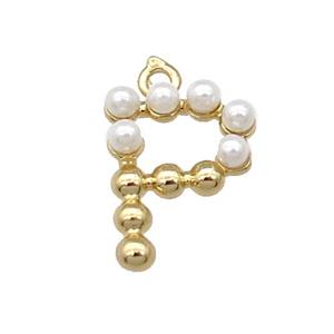 Copper Letter-P Pendant Pave Pearlized Glass Gold Plated, approx 15mm