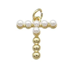 Copper Letter-T Pendant Pave Pearlized Glass Gold Plated, approx 15mm