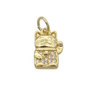 Copper Lucky Cat Pendant Pave Zircon Gold Plated, approx 8-10.5mm