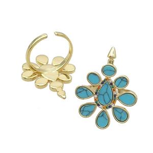 Copper Ring Pave Turquoise Zircon Teardrop Gold Plated, approx 23mm, 18mm dia