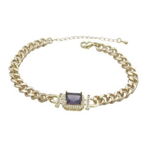 Copper Bracelet Pave Purple Crystal Rectangle Gold Plated, approx 11-13mm, 5.5mm, 21-26cm length